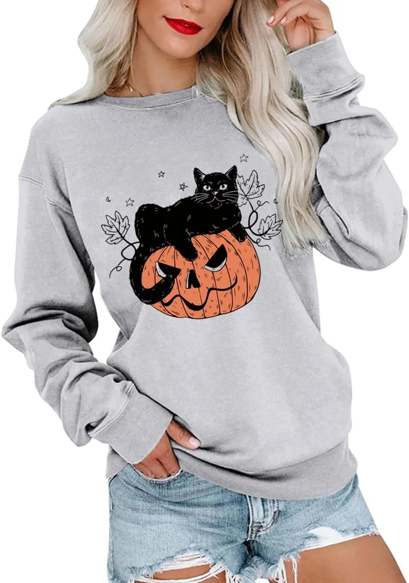 Halloween Sweatshirts Women Fall Pumpkin Spooky Season Sweatshirt Holiday Crew Neck Pullover Tops