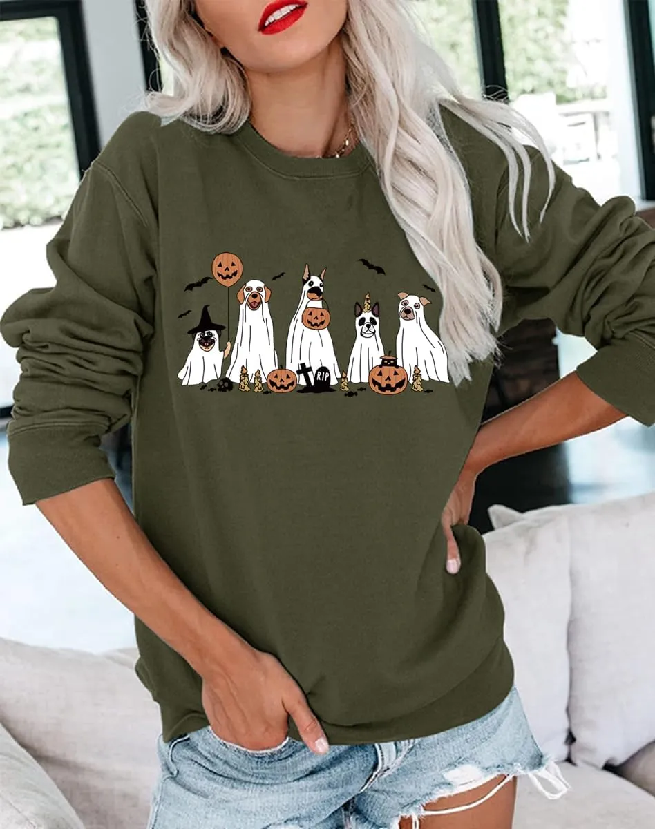 Halloween Sweatshirts Women Fall Pumpkin Spooky Season Sweatshirt Holiday Crew Neck Pullover Tops