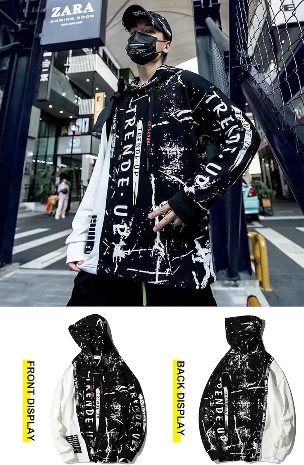 Hoodies for Men Color Block Hoodie with Design Hip Hop Colorful Hooded Pullover Novelty Sweatshirt