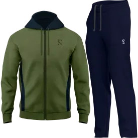 Men's Tracksuit Green Zip up Fleece Hoodie & Navy Blue Joggers