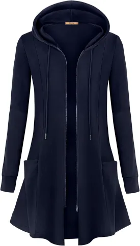 Miusey Womens Zip Up Long Hoodie Jacket Lightweight Tunic Sweatshirt Open Front Cardigan