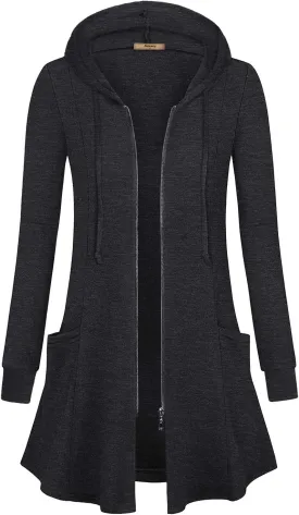 Miusey Womens Zip Up Long Hoodie Jacket Lightweight Tunic Sweatshirt Open Front Cardigan