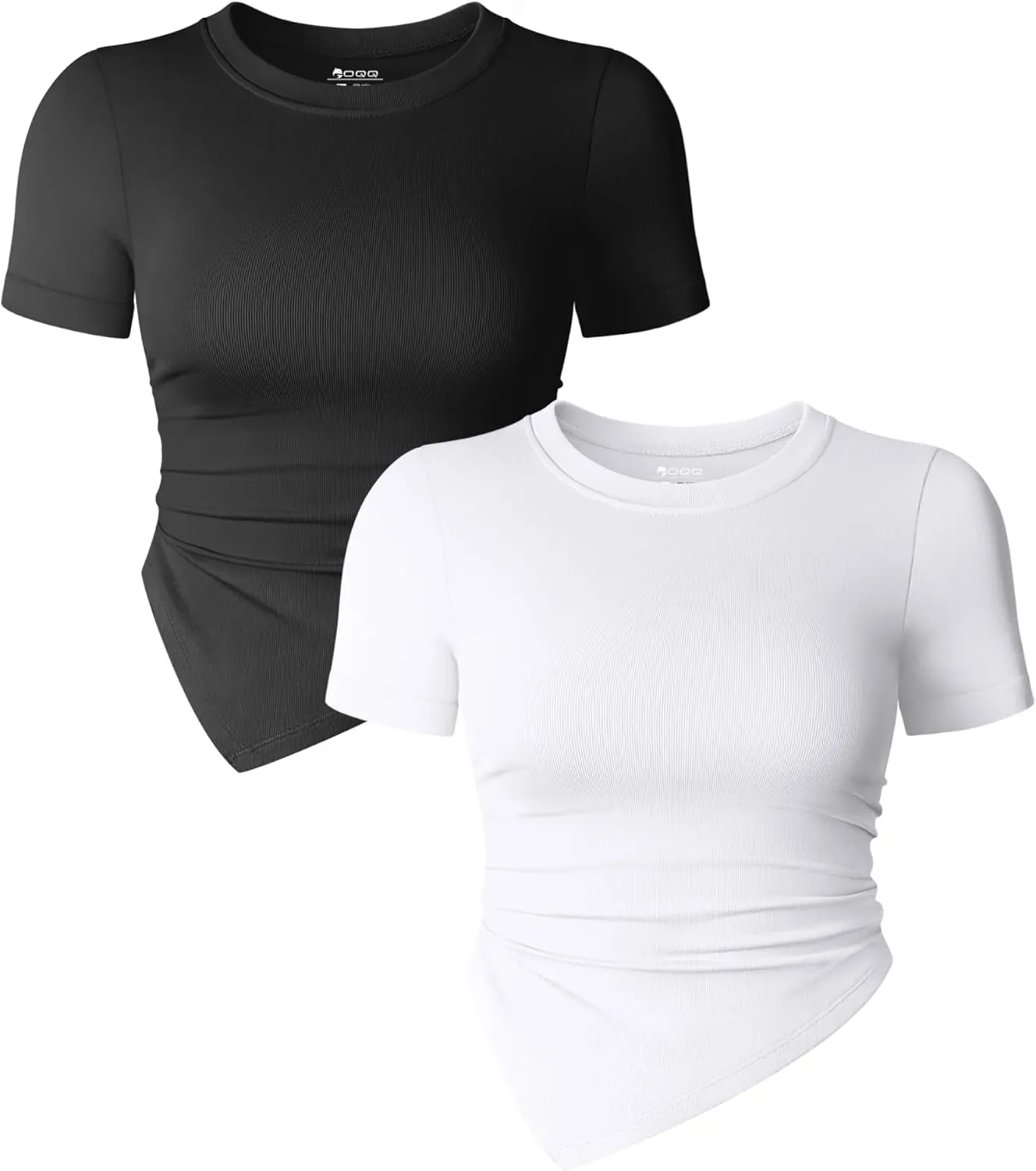 OQQ Women's 2 Piece Tops Short Sleeve Crew Neck Ruched Stretch Fitted Tee Shirts Tops