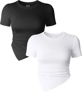 OQQ Women's 2 Piece Tops Short Sleeve Crew Neck Ruched Stretch Fitted Tee Shirts Tops