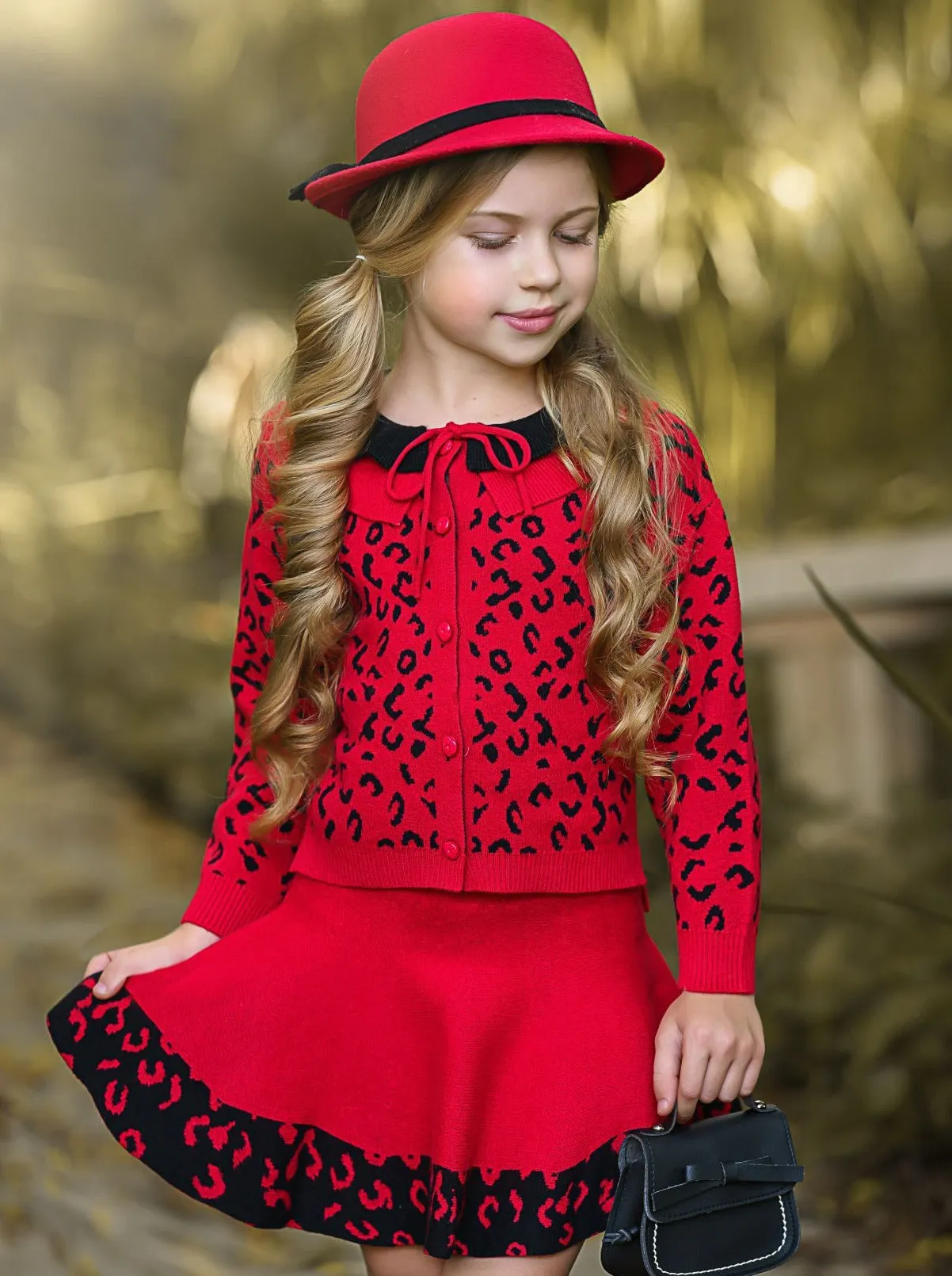 Red Leopard Collared Buttoned Cardigan and Skirt Set