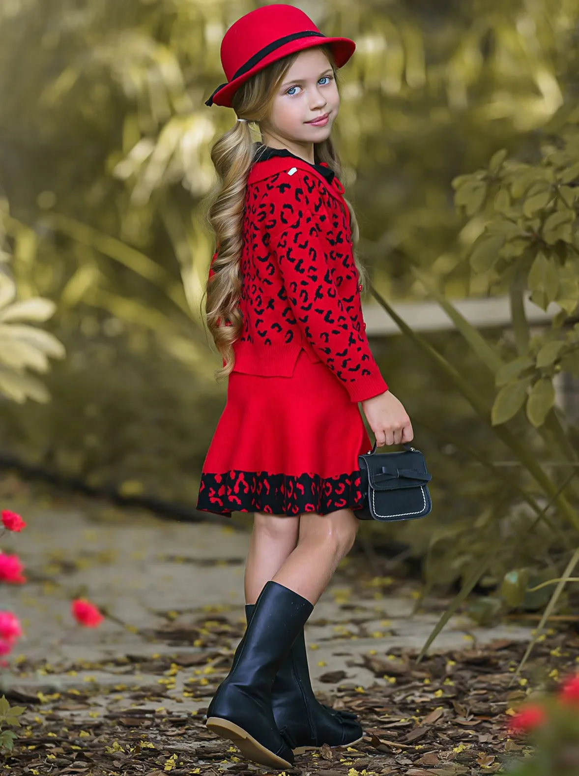 Red Leopard Collared Buttoned Cardigan and Skirt Set