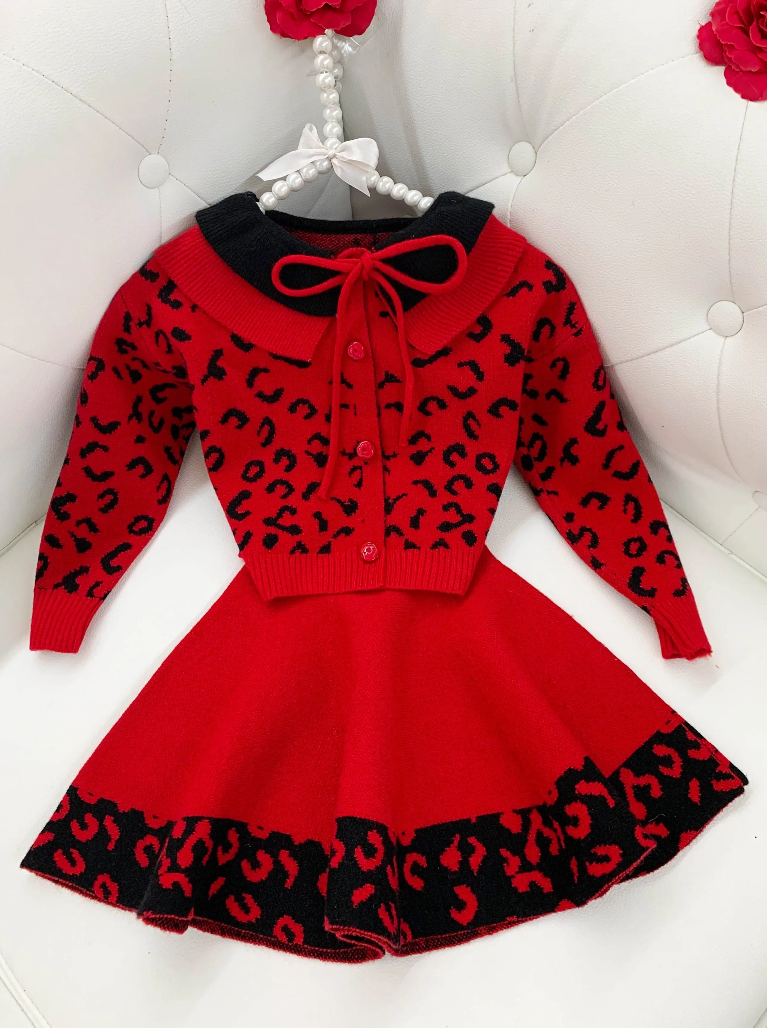 Red Leopard Collared Buttoned Cardigan and Skirt Set