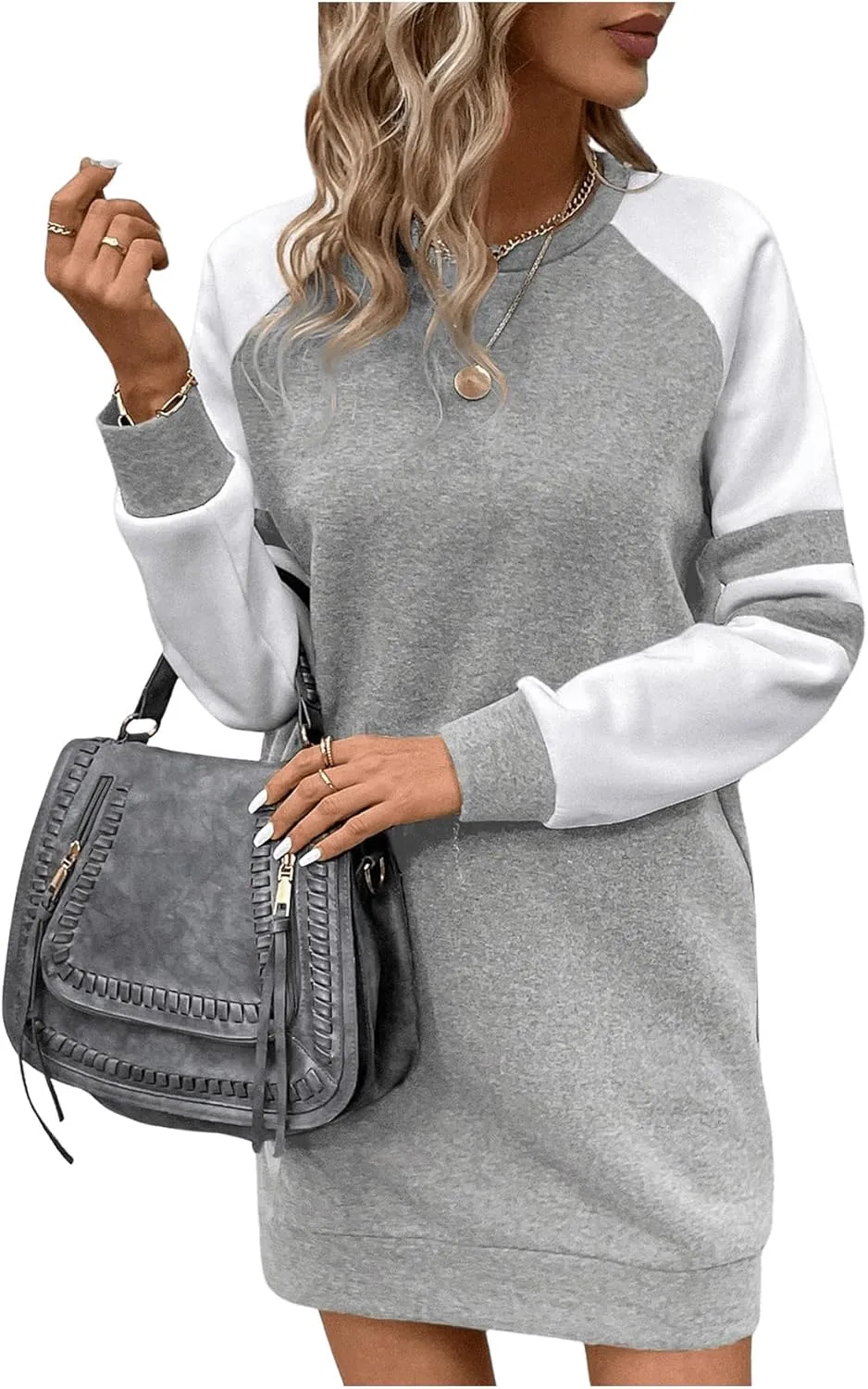 SOLY HUX Women's Color Block Sweatshirt Dress Crew Neck Long Sleeve Short Dresses