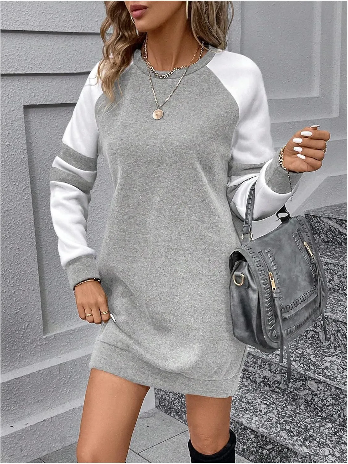 SOLY HUX Women's Color Block Sweatshirt Dress Crew Neck Long Sleeve Short Dresses
