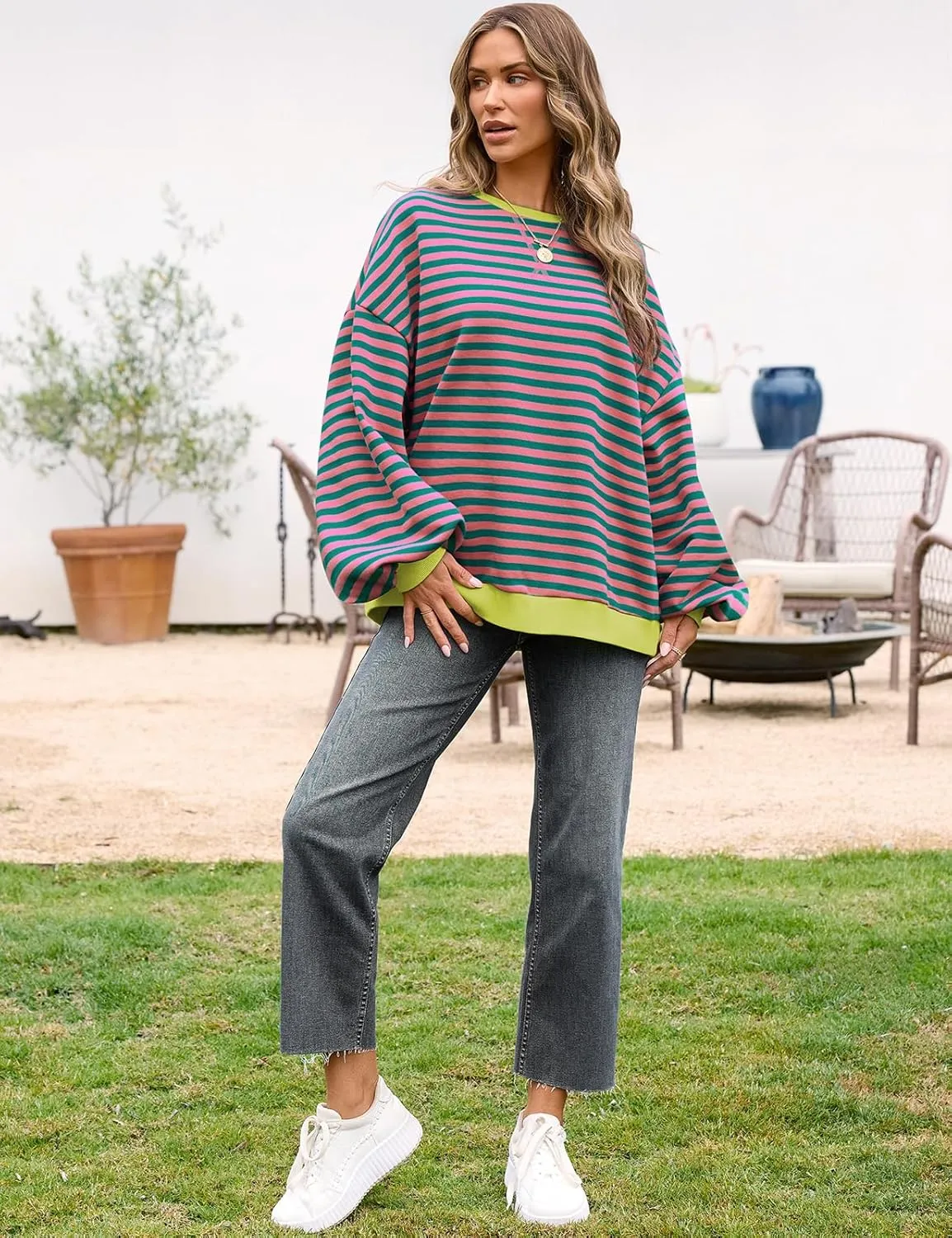 UEU Women Oversized Striped Crewneck Sweatshirt Long Sleeve Color Block Pullover Tops Casual Loose Workout Shirt