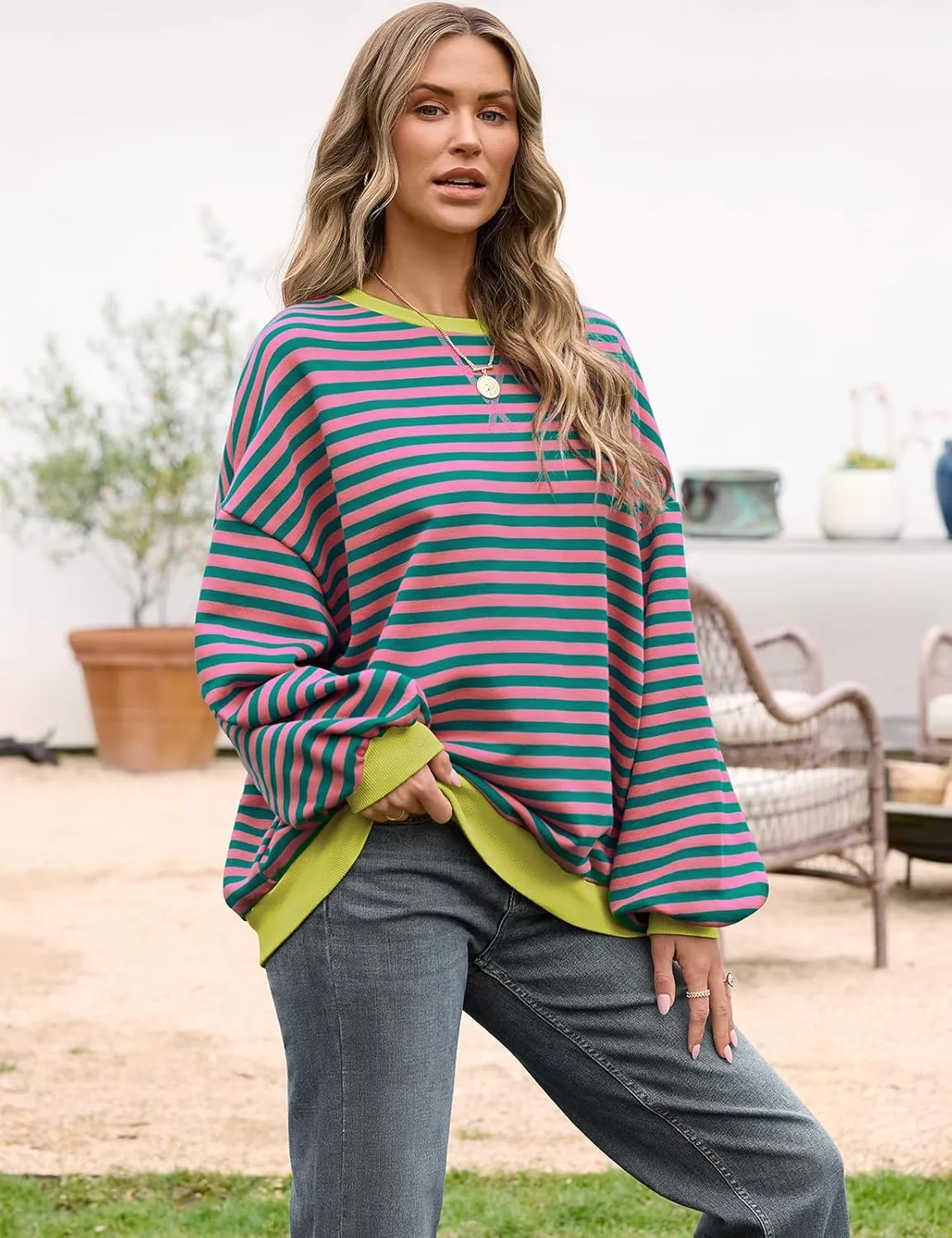 UEU Women Oversized Striped Crewneck Sweatshirt Long Sleeve Color Block Pullover Tops Casual Loose Workout Shirt