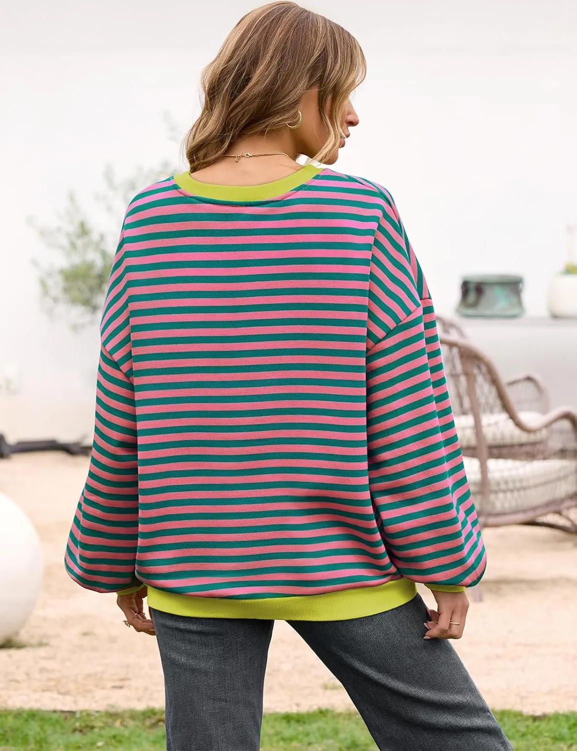 UEU Women Oversized Striped Crewneck Sweatshirt Long Sleeve Color Block Pullover Tops Casual Loose Workout Shirt