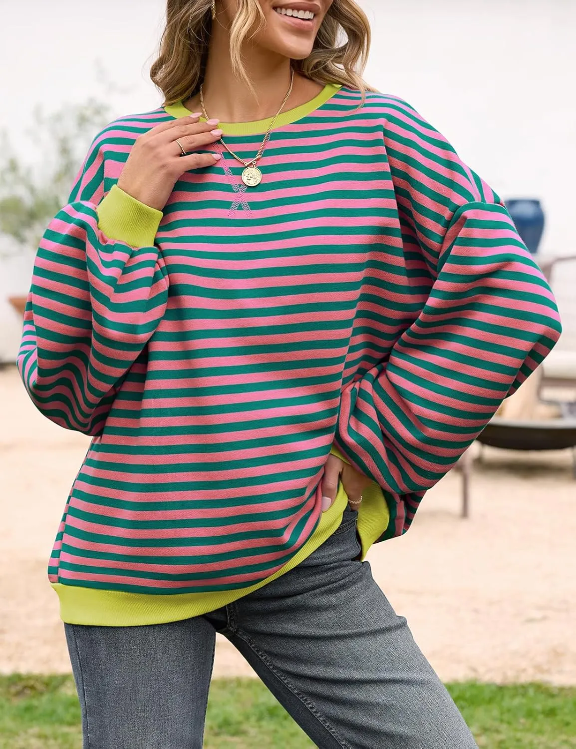 UEU Women Oversized Striped Crewneck Sweatshirt Long Sleeve Color Block Pullover Tops Casual Loose Workout Shirt