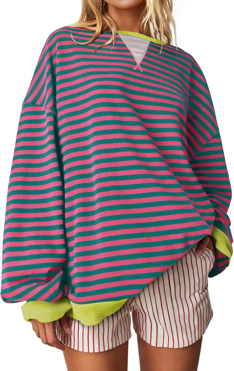 UEU Women Striped Oversized Sweatshirt Color Block Crewneck Long Sleeve Pullover Top Fashion Trendy Preppy Clothes