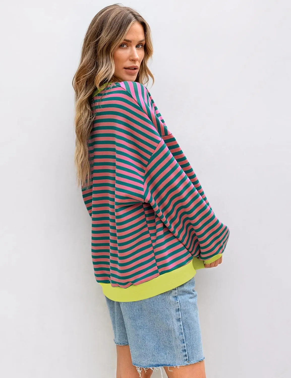 UEU Women Striped Oversized Sweatshirt Color Block Crewneck Long Sleeve Pullover Top Fashion Trendy Preppy Clothes