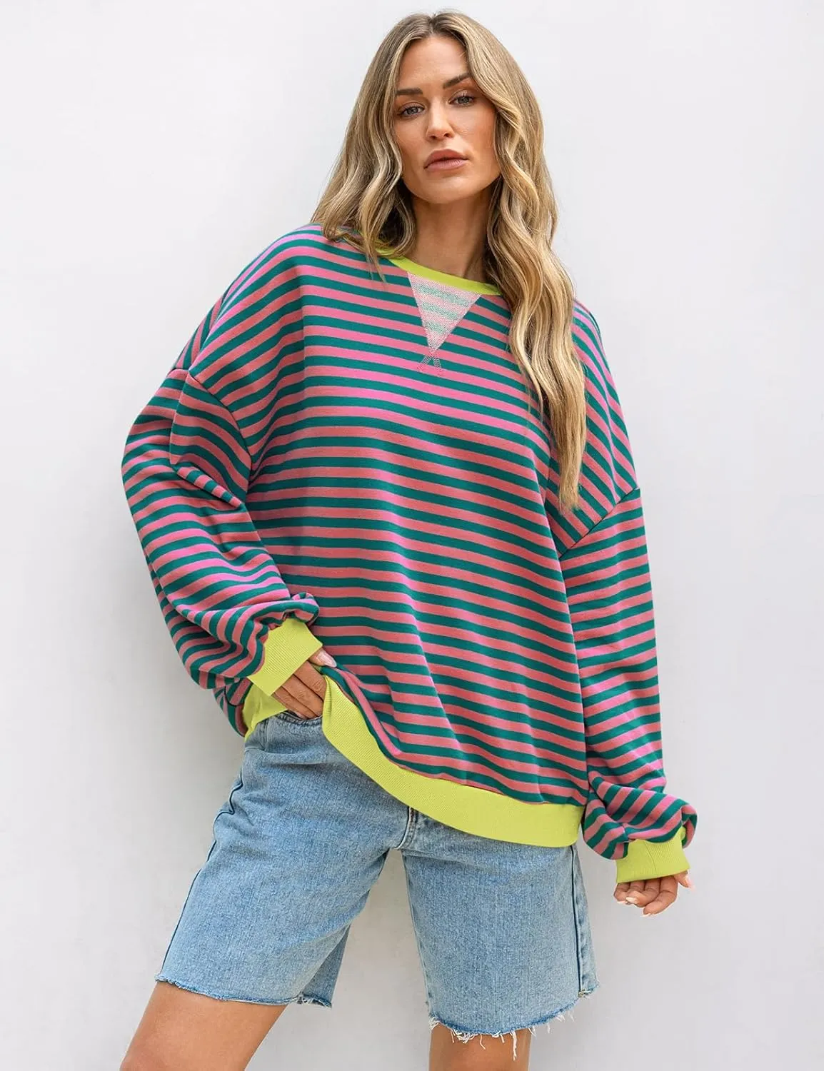 UEU Women Striped Oversized Sweatshirt Color Block Crewneck Long Sleeve Pullover Top Fashion Trendy Preppy Clothes