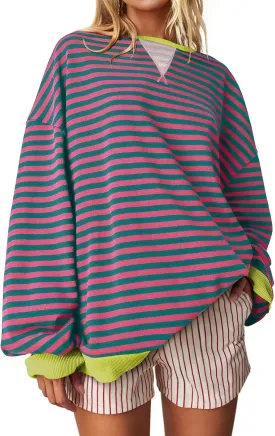 UEU Women Striped Oversized Sweatshirt Color Block Crewneck Long Sleeve Pullover Top Fashion Trendy Preppy Clothes