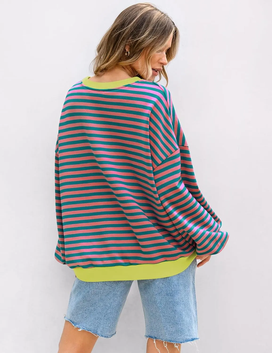 UEU Women Striped Oversized Sweatshirt Color Block Crewneck Long Sleeve Pullover Top Fashion Trendy Preppy Clothes