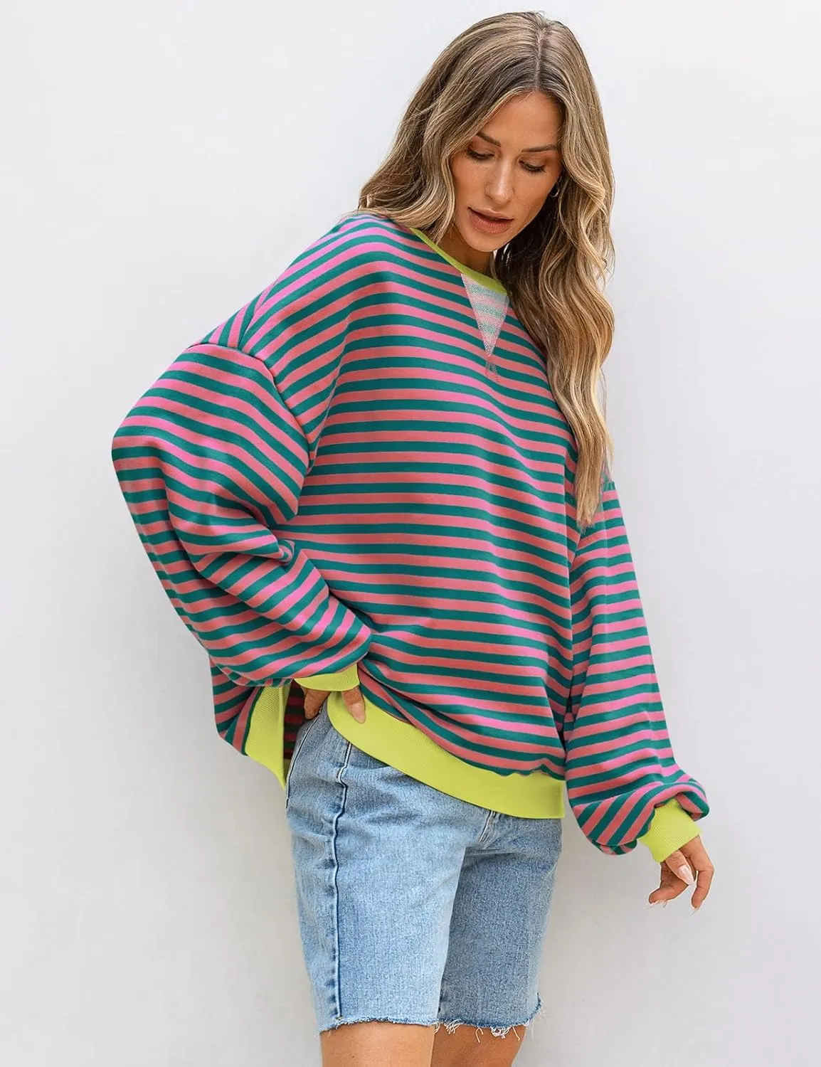 UEU Women Striped Oversized Sweatshirt Color Block Crewneck Long Sleeve Pullover Top Fashion Trendy Preppy Clothes