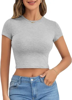 Verdusa Women's Casual Basic Cap Sleeve Slim Fitted Round Neck Crop Tee Top