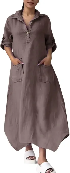 Women Solid Color Long Rolled Sleeve Dress Lapel Collar Button Casual Maxi Dress Loose Fit Basic Dresses with Pockets