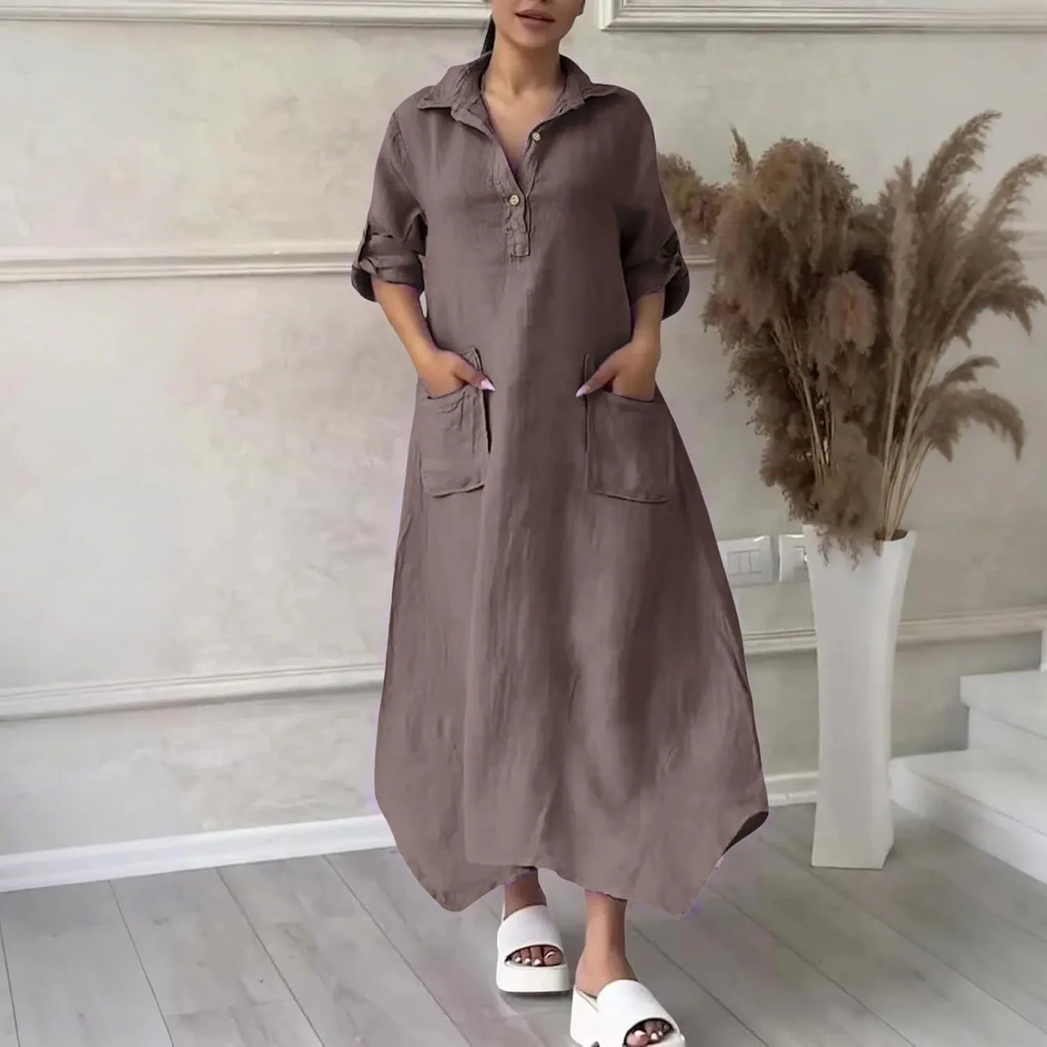 Women Solid Color Long Rolled Sleeve Dress Lapel Collar Button Casual Maxi Dress Loose Fit Basic Dresses with Pockets