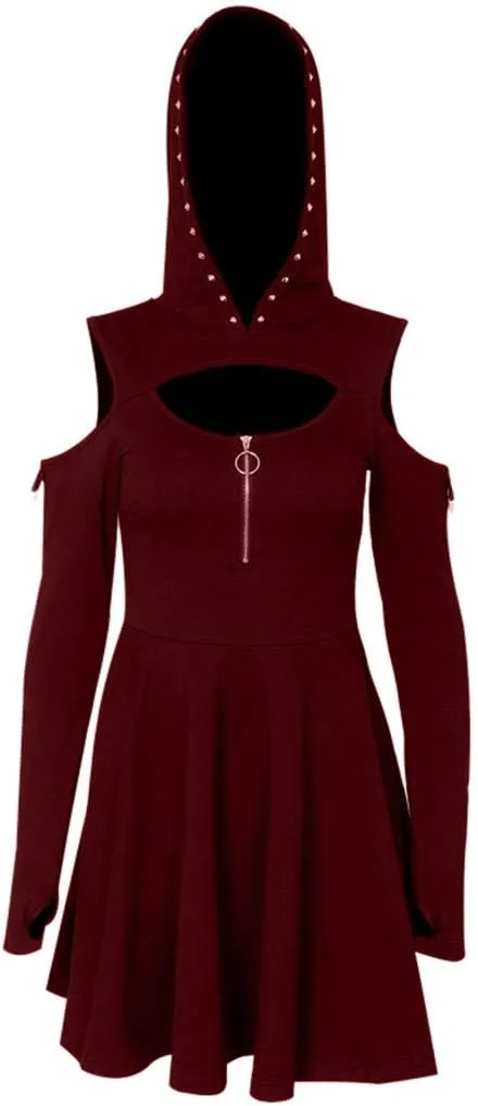 Women's Fit and Flare Style Fashion Gothic Pure Color Hooded Low Cut Cold Shoulder Zippe Mini Dress