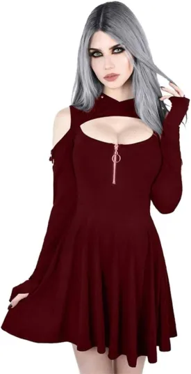Women's Fit and Flare Style Fashion Gothic Pure Color Hooded Low Cut Cold Shoulder Zippe Mini Dress