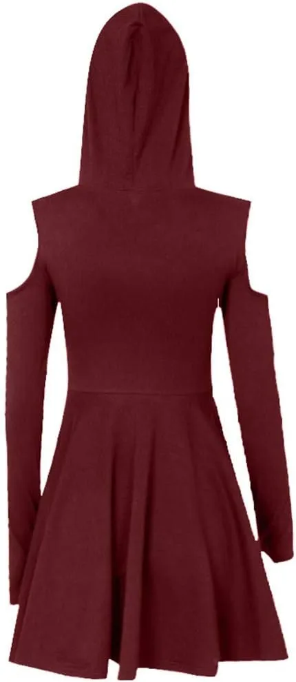 Women's Fit and Flare Style Fashion Gothic Pure Color Hooded Low Cut Cold Shoulder Zippe Mini Dress