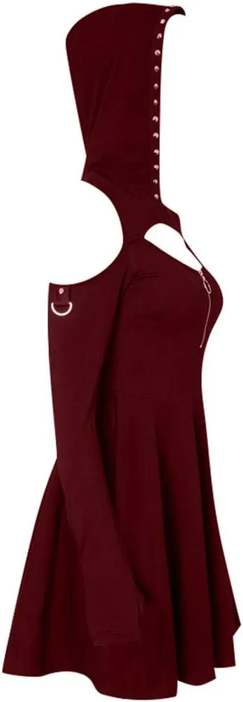 Women's Fit and Flare Style Fashion Gothic Pure Color Hooded Low Cut Cold Shoulder Zippe Mini Dress