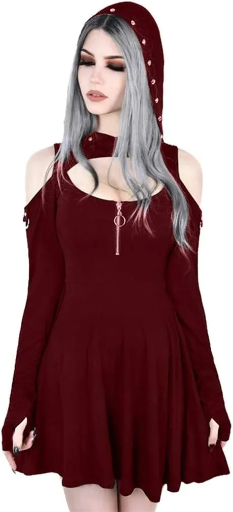 Women's Fit and Flare Style Fashion Gothic Pure Color Hooded Low Cut Cold Shoulder Zippe Mini Dress