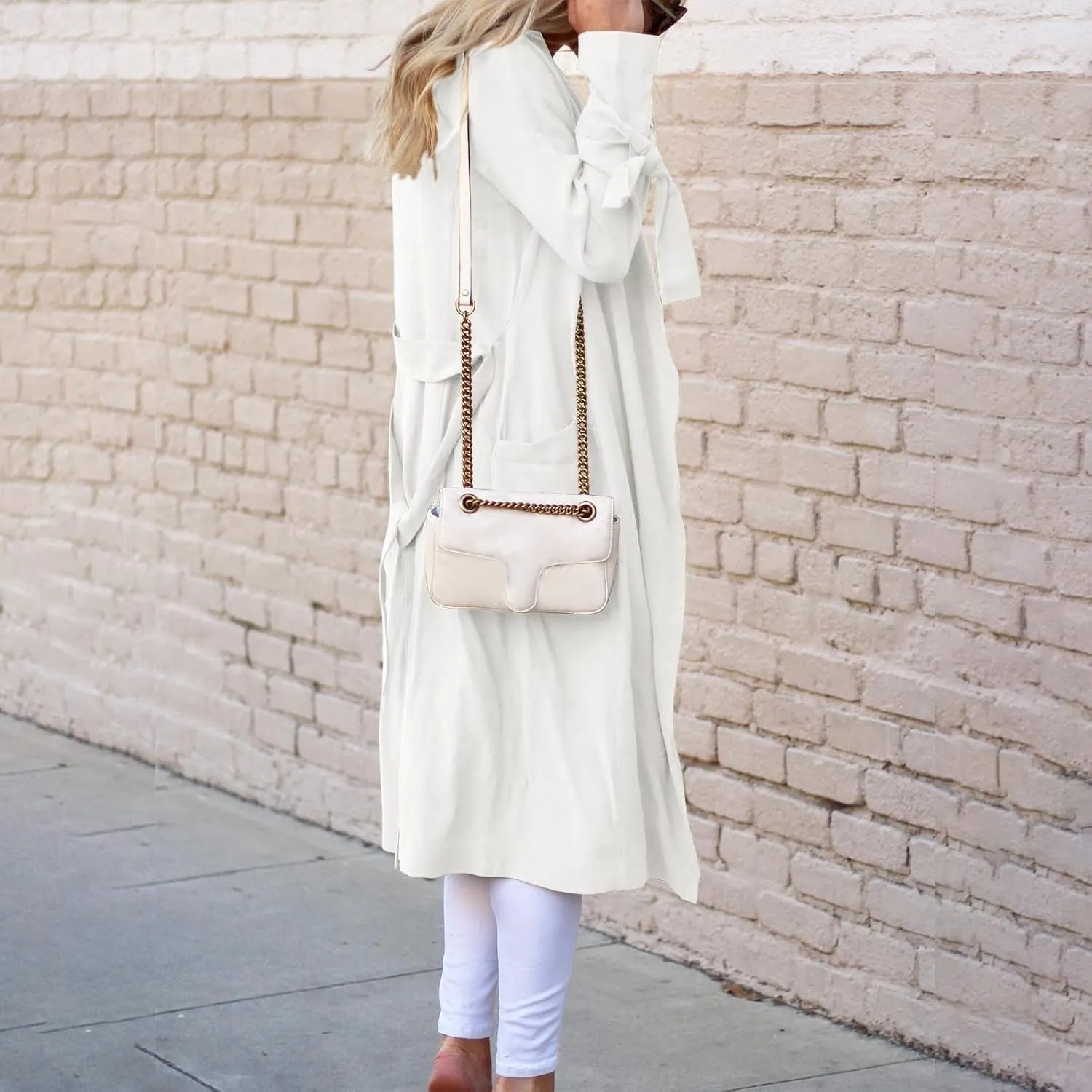 Women's Open Front Long Trench Coats Long Sleeve Slim Casual Pockted Windproof Overcoat with Belt and Cuff Straps