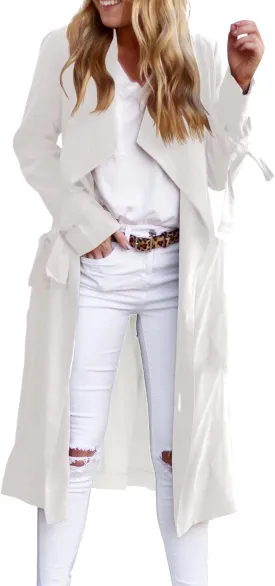 Women's Open Front Long Trench Coats Long Sleeve Slim Casual Pockted Windproof Overcoat with Belt and Cuff Straps