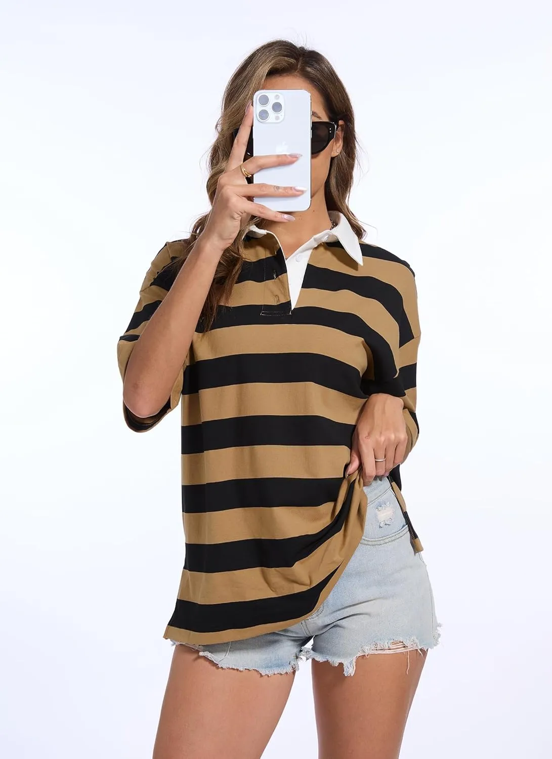 Womens Oversized Striped Polo Sweatshirt Color Block Short Sleeve Polo T-Shirts Fashion Streetwear Pullover Tops