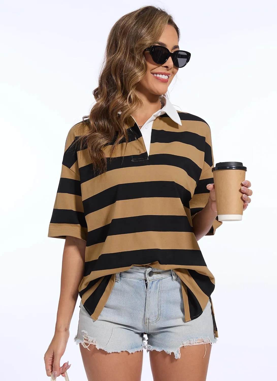 Womens Oversized Striped Polo Sweatshirt Color Block Short Sleeve Polo T-Shirts Fashion Streetwear Pullover Tops