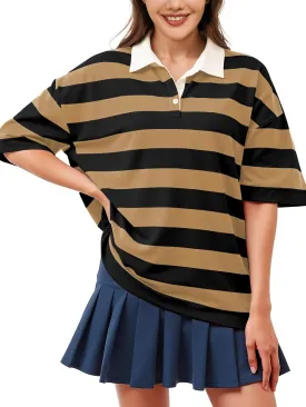 Womens Oversized Striped Polo Sweatshirt Color Block Short Sleeve Polo T-Shirts Fashion Streetwear Pullover Tops