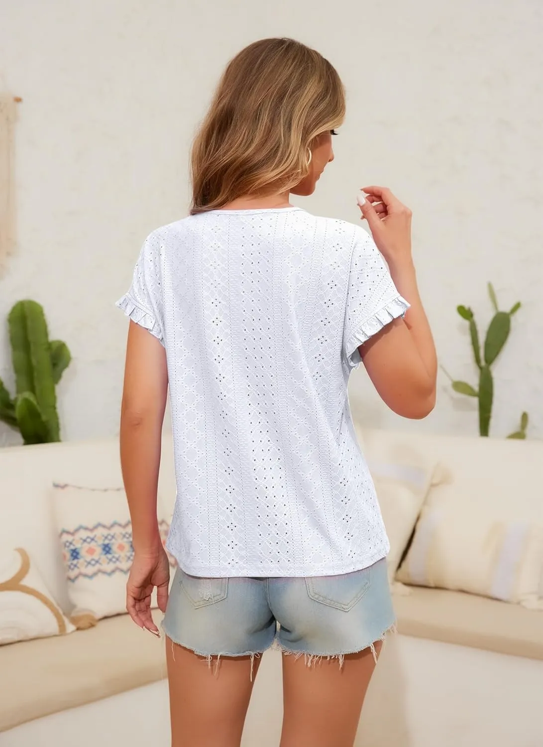 Womens Ruffle Short Sleeve Tops Summer Crew Neck Eyelet Tshirts Casual Dressy Blouses Shirts