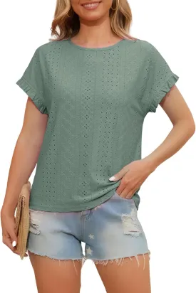 Womens Ruffle Short Sleeve Tops Summer Crew Neck Eyelet Tshirts Casual Dressy Blouses Shirts