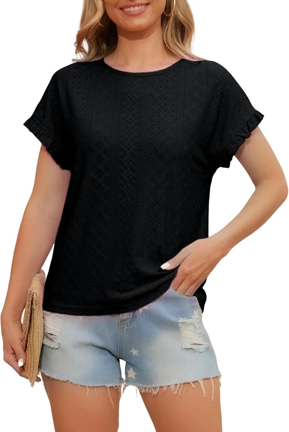 Womens Ruffle Short Sleeve Tops Summer Crew Neck Eyelet Tshirts Casual Dressy Blouses Shirts