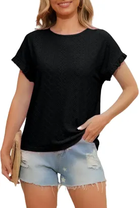 Womens Ruffle Short Sleeve Tops Summer Crew Neck Eyelet Tshirts Casual Dressy Blouses Shirts