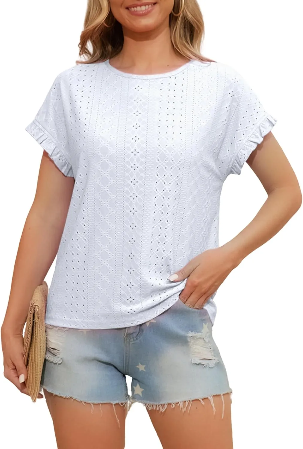 Womens Ruffle Short Sleeve Tops Summer Crew Neck Eyelet Tshirts Casual Dressy Blouses Shirts