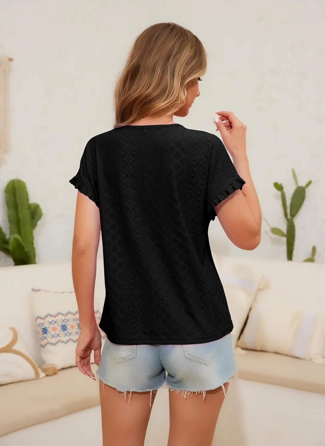 Womens Ruffle Short Sleeve Tops Summer Crew Neck Eyelet Tshirts Casual Dressy Blouses Shirts