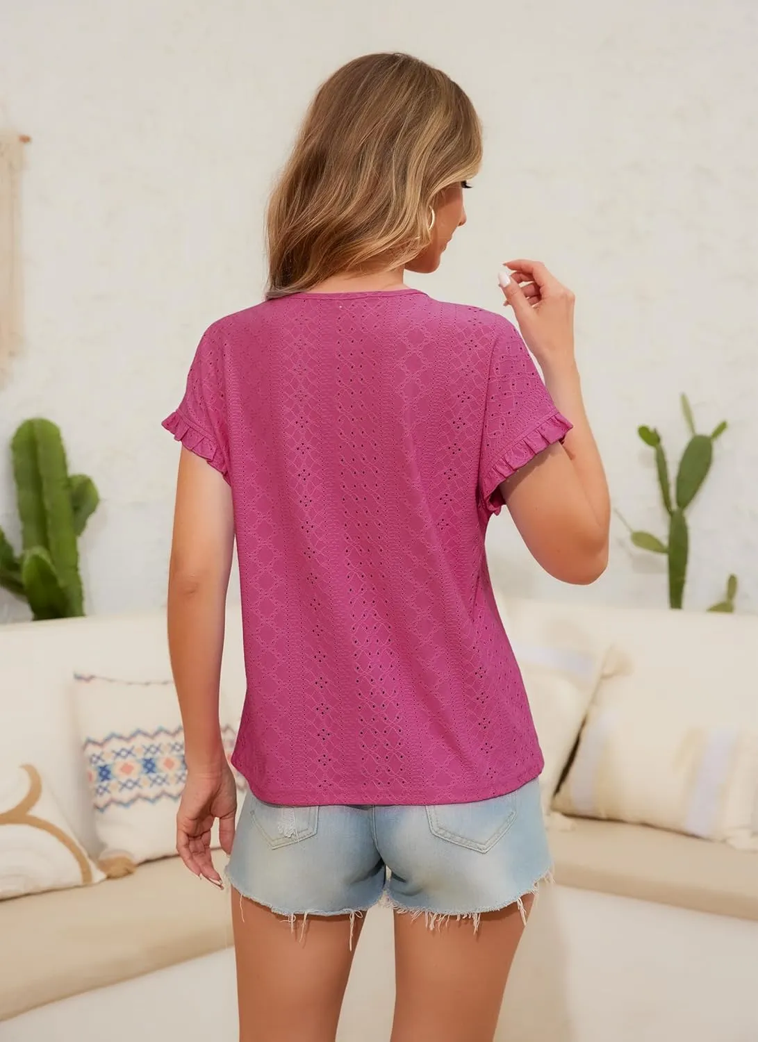 Womens Ruffle Short Sleeve Tops Summer Crew Neck Eyelet Tshirts Casual Dressy Blouses Shirts