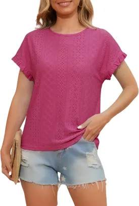 Womens Ruffle Short Sleeve Tops Summer Crew Neck Eyelet Tshirts Casual Dressy Blouses Shirts