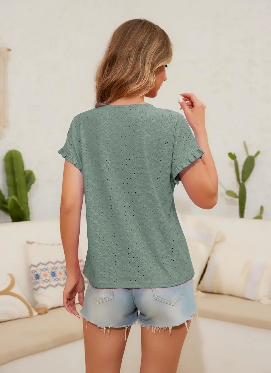 Womens Ruffle Short Sleeve Tops Summer Crew Neck Eyelet Tshirts Casual Dressy Blouses Shirts