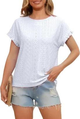 Womens Ruffle Short Sleeve Tops Summer Crew Neck Eyelet Tshirts Casual Dressy Blouses Shirts