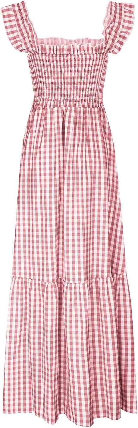 Womens Summer Dress Spaghetti Strap Maxi Dresses Casual Square Neck Gingham Smocked Flowy A Line Beach Sun Dresses