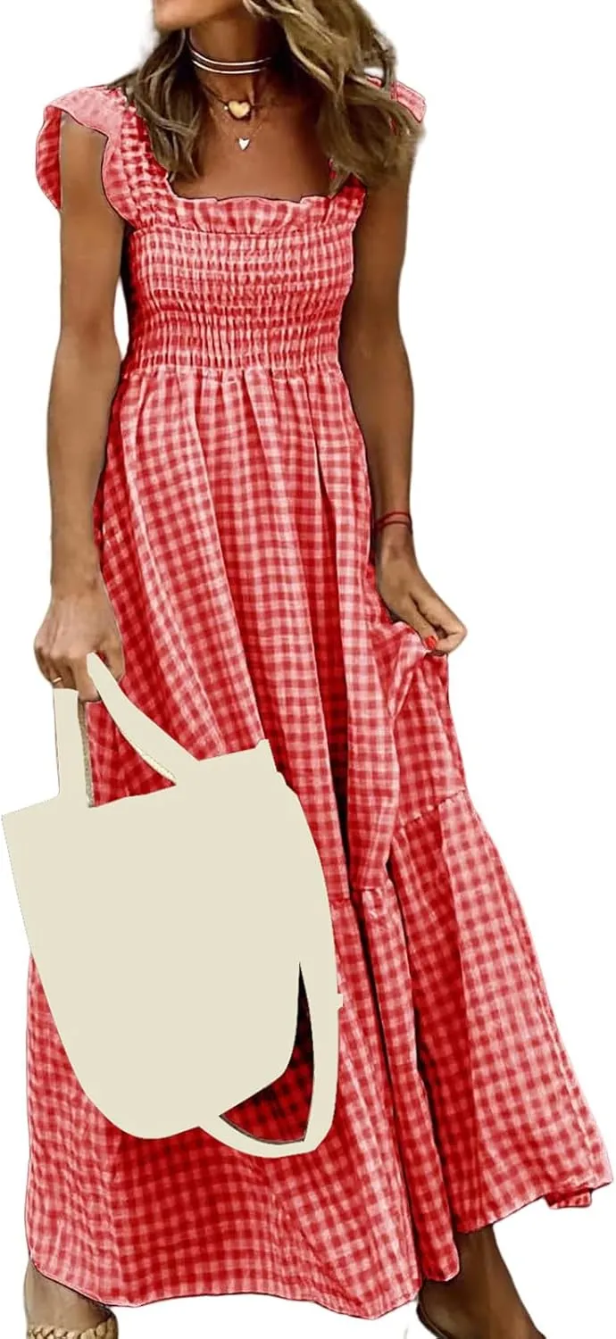 Womens Summer Dress Spaghetti Strap Maxi Dresses Casual Square Neck Gingham Smocked Flowy A Line Beach Sun Dresses