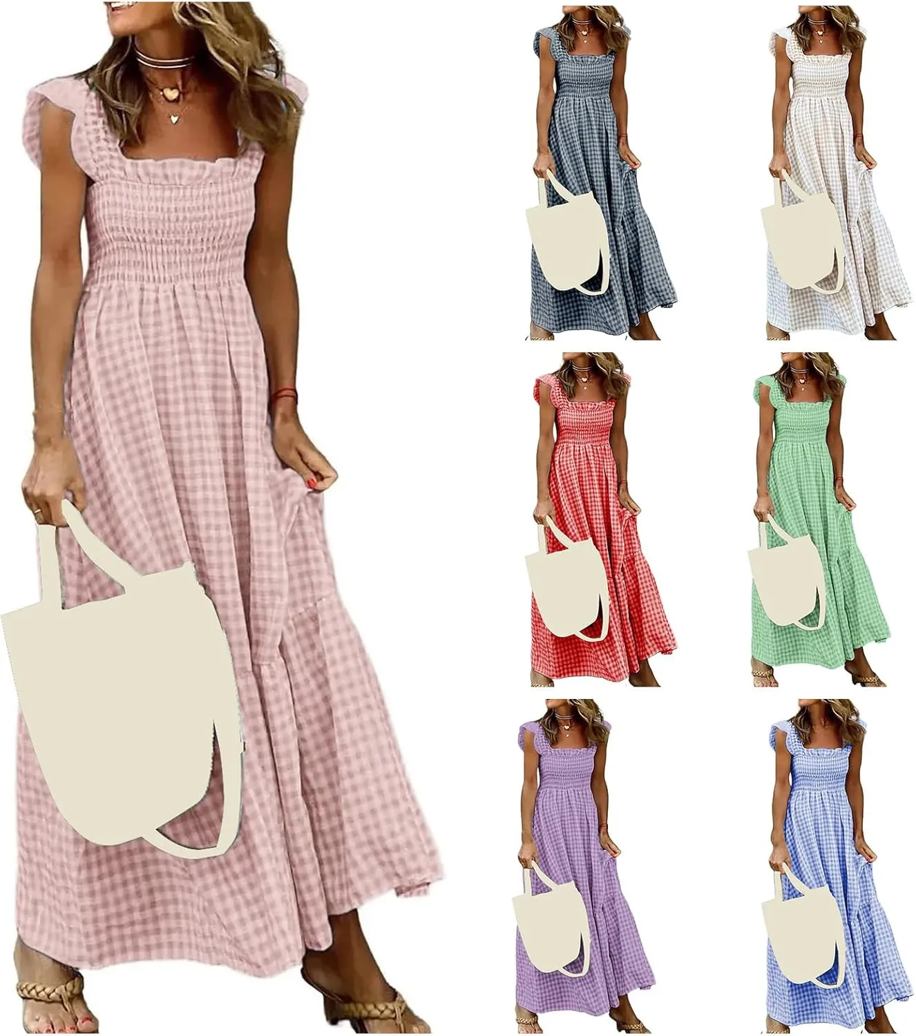 Womens Summer Dress Spaghetti Strap Maxi Dresses Casual Square Neck Gingham Smocked Flowy A Line Beach Sun Dresses