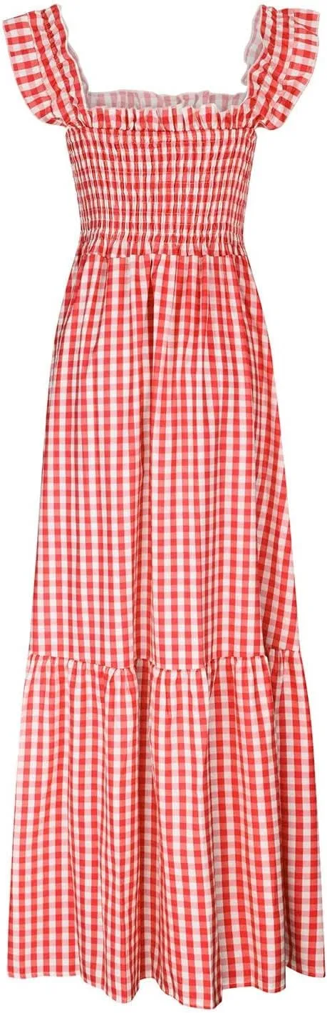 Womens Summer Dress Spaghetti Strap Maxi Dresses Casual Square Neck Gingham Smocked Flowy A Line Beach Sun Dresses